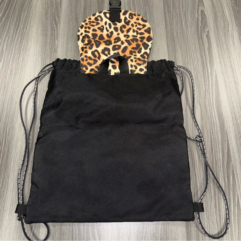 PINK Victoria’s Secret Black & Leopard Print Drawstring Backpack Shoulder Bag - Picture 5 of 8